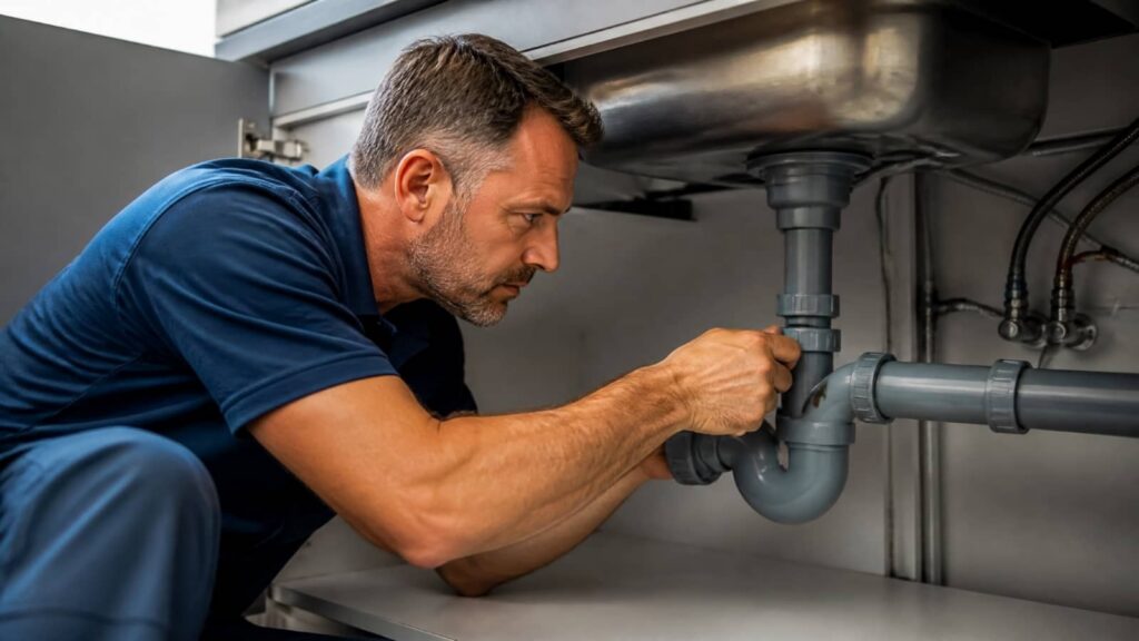 Man in blue shirt fixing pipes under a sink inside a cabinet.