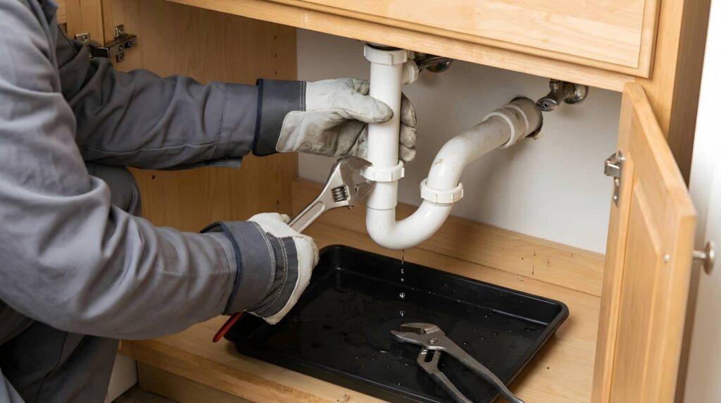 Plumber wearing gloves tightening a white pipe under a wooden sink cabinet with a wrench.