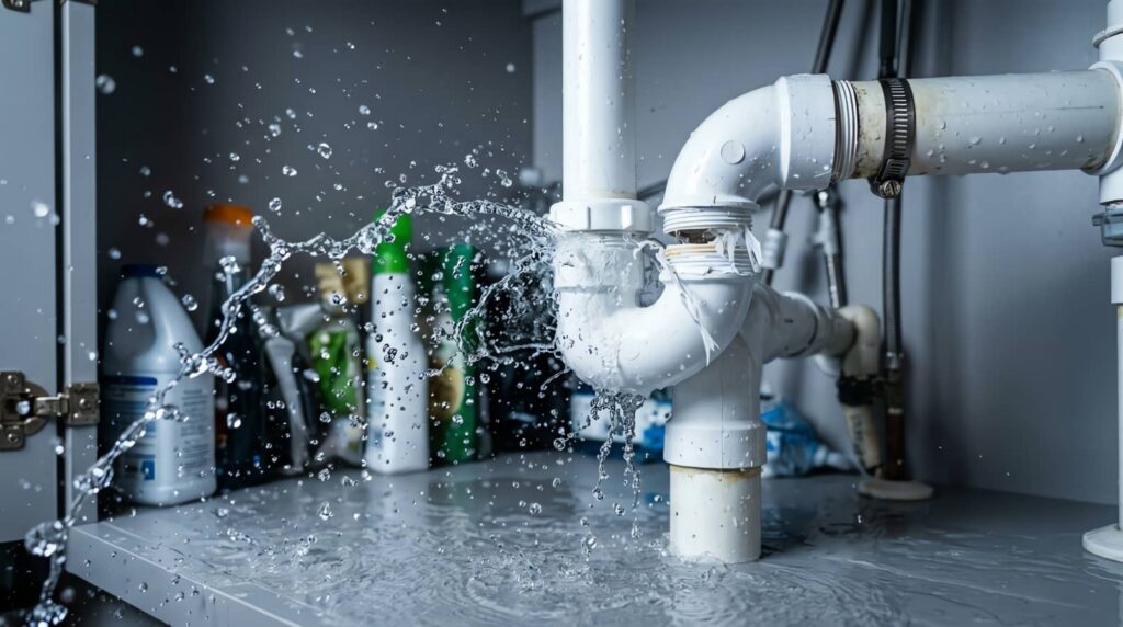 Water spraying from a leaking white pipe under a sink with cleaning supplies in the background.