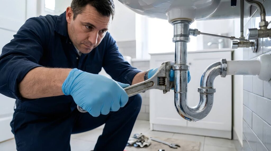 Plumber wearing blue gloves tightening a pipe under a sink with a wrench.