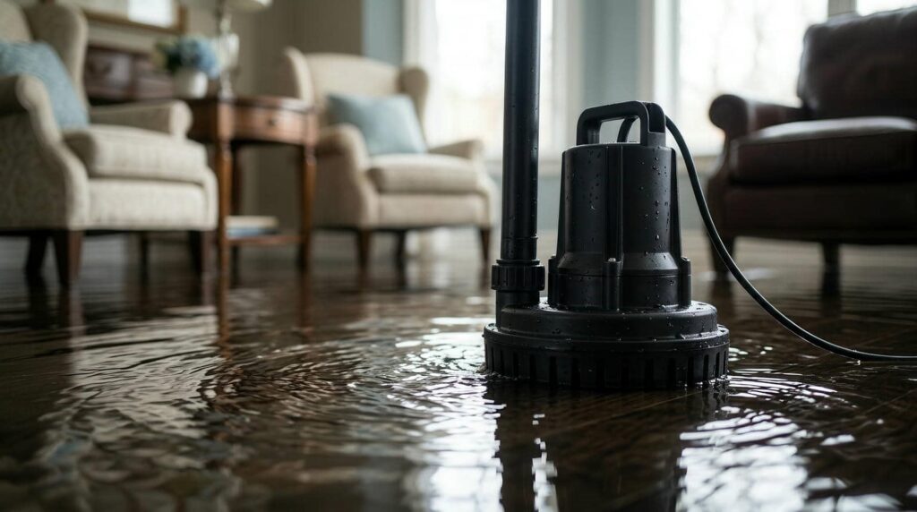 Submersible pump removing water from a flooded living room with furniture.