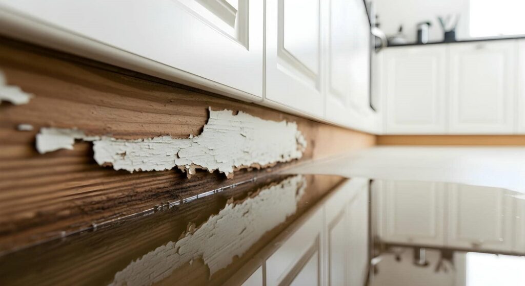 Water pooling on a kitchen floor with peeling paint on the wooden baseboard beneath white cabinets.