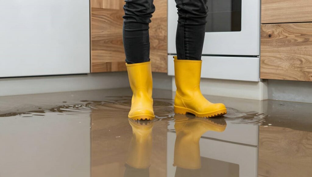 Person wearing yellow rain boots standing in a flooded kitchen with water on the floor.