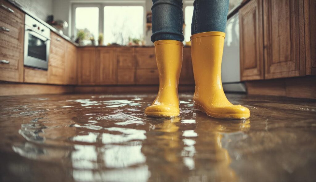 Person wearing yellow rain boots standing in a flooded kitchen with water covering the floor.