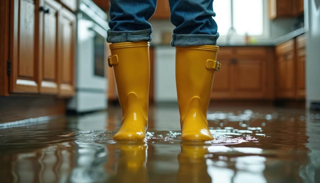 Person wearing yellow rain boots standing in a flooded kitchen with water covering the floor.