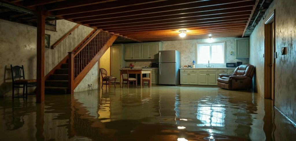 Flooded basement with water covering the floor, showing furniture and kitchen appliances partially submerged.