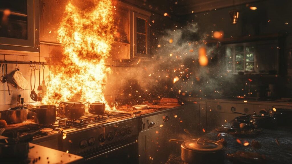 Kitchen stove fire with large flames and sparks spreading across pots and counters.