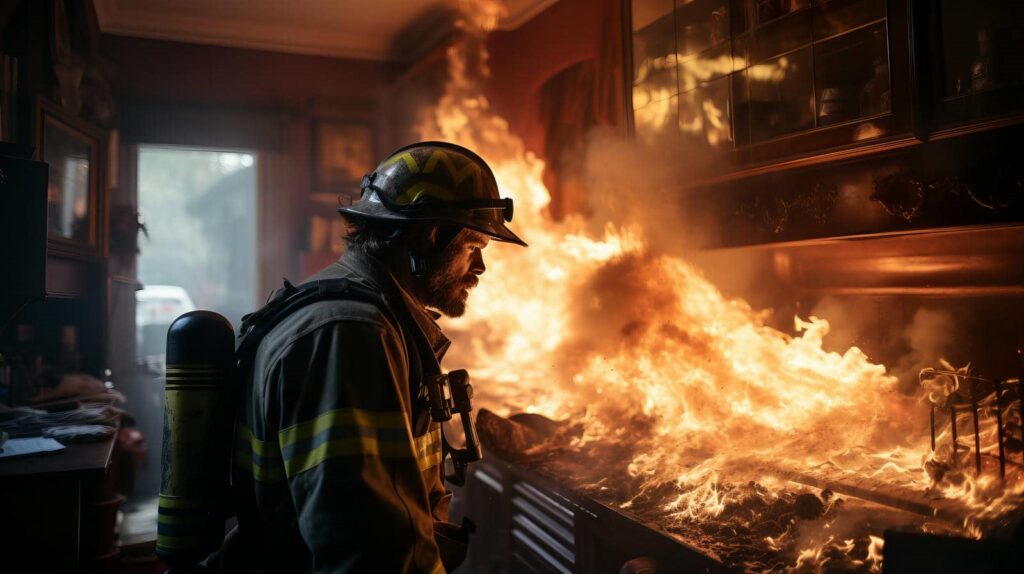 Firefighter in gear facing intense kitchen fire inside a house.