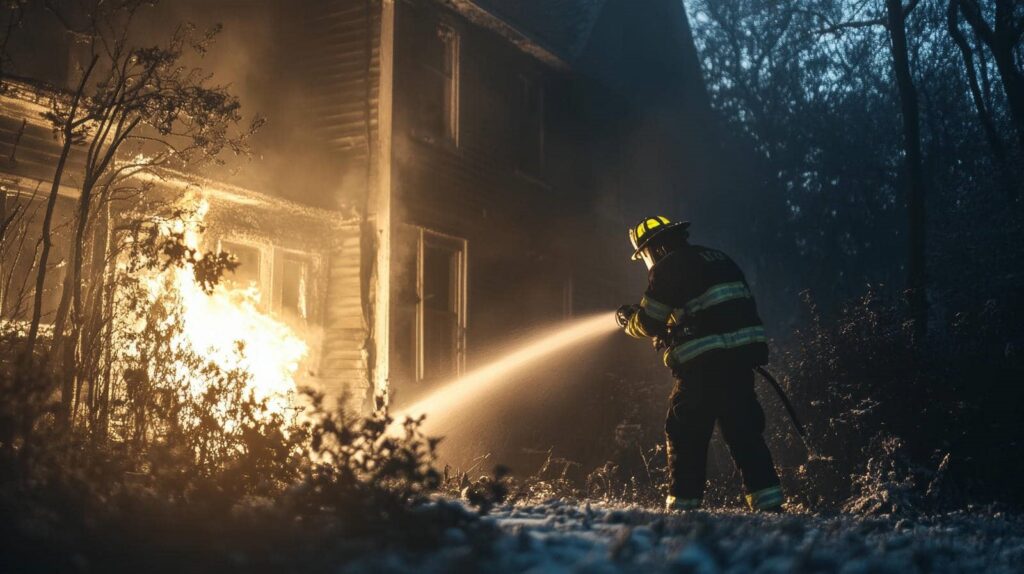 Firefighter spraying water on a burning house at night.