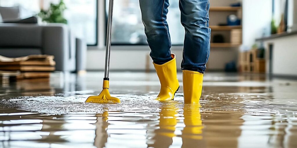 Person in yellow boots mopping a flooded floor inside a room.