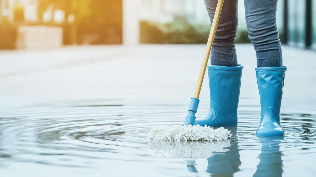 Person wearing blue rain boots mopping a flooded floor with water ripples.