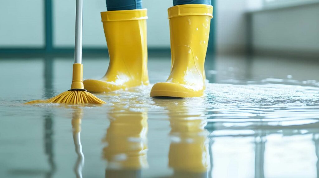 Person wearing yellow rain boots standing in water with a yellow mop cleaning the floor.