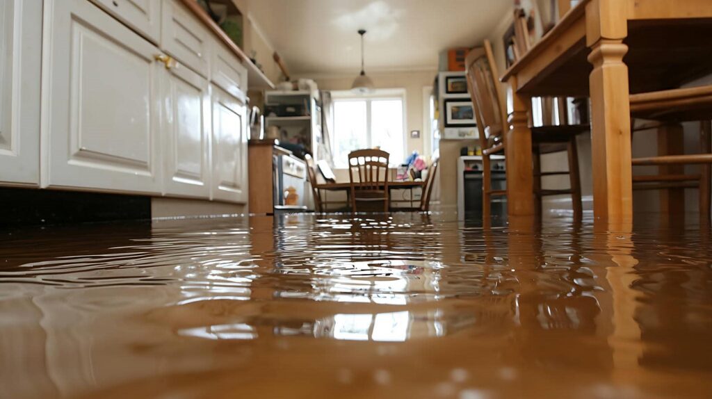 Floodwater covering the floor of a kitchen with cabinets and wooden chairs partially submerged.