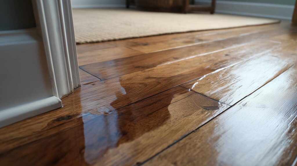 Water pooled on a hardwood floor near a white door frame.
