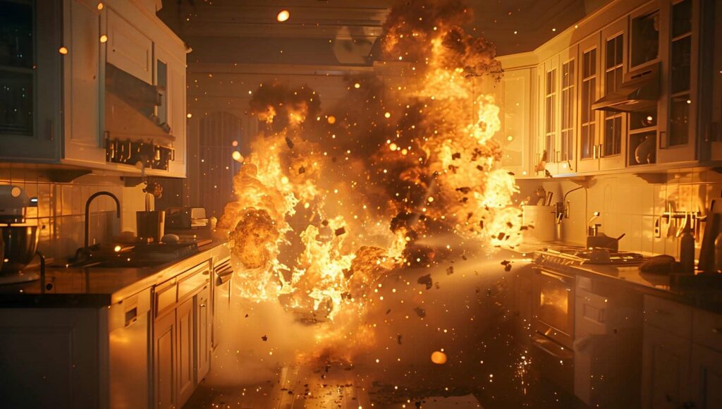 Fire explosion engulfing a kitchen with flames and debris flying.