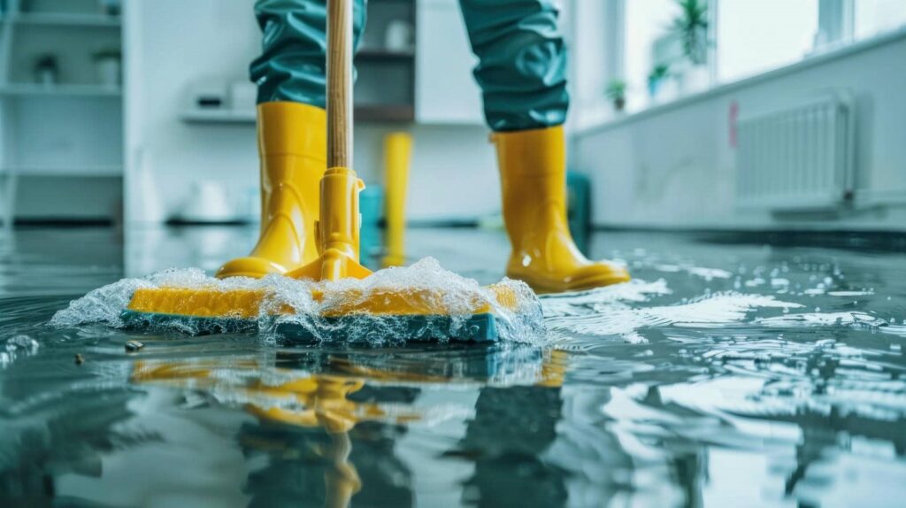 Person in yellow boots mopping a flooded floor with soapy water indoors.