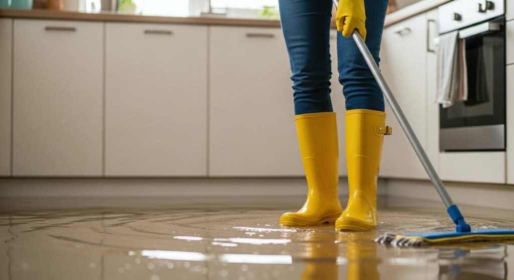 Person wearing yellow boots mopping a wet kitchen floor.