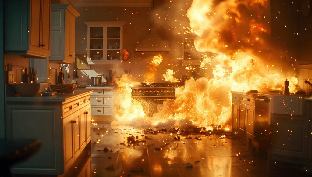 Kitchen stove engulfed in a large fire with flames and sparks spreading across the floor.