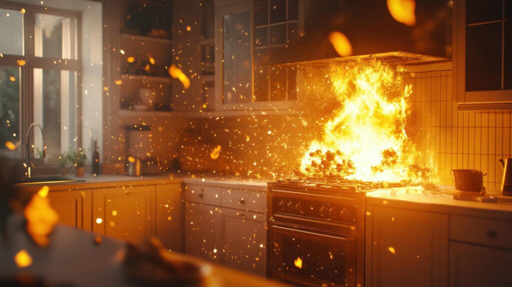 Kitchen stove engulfed in a large fire with sparks flying around.