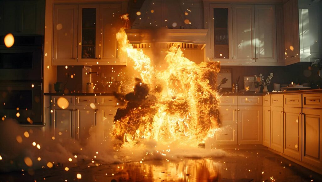 Kitchen stove engulfed in a large fire with flames and smoke spreading around.