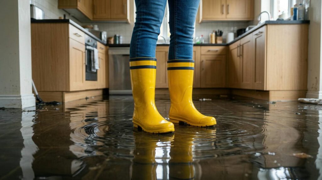Person wearing yellow rain boots standing in a flooded kitchen with water ripples around the boots.