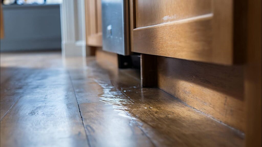 Water leaking on a wooden kitchen floor near cabinets and a dishwasher.