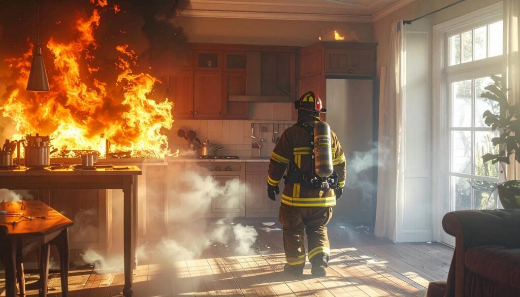 Firefighter in full gear approaches a large kitchen fire with flames and smoke.
