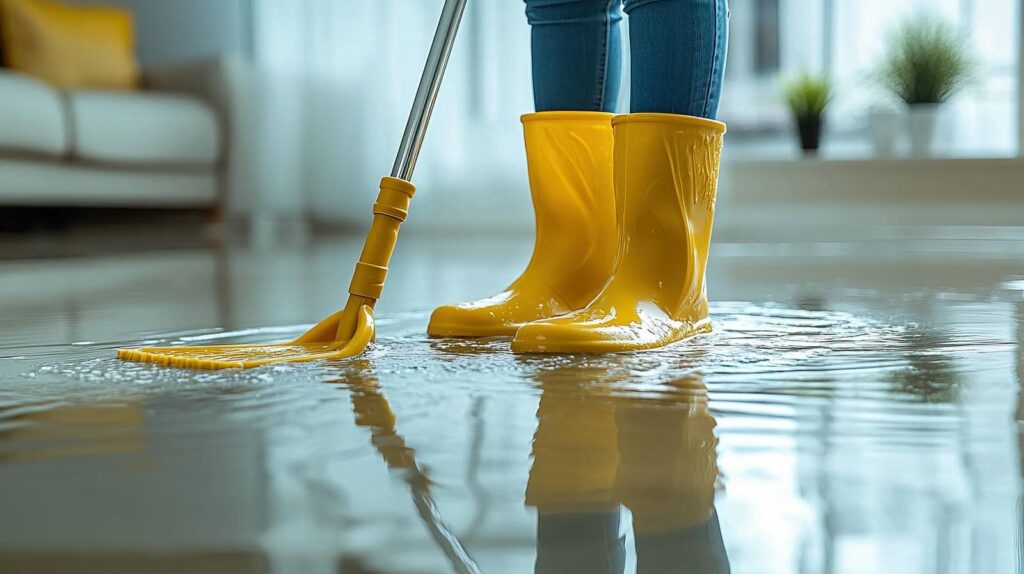 Person in yellow rain boots mopping a flooded floor indoors.