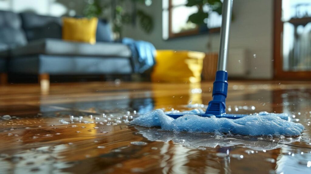 Blue mop cleaning a wet wooden floor with soap suds in a living room.