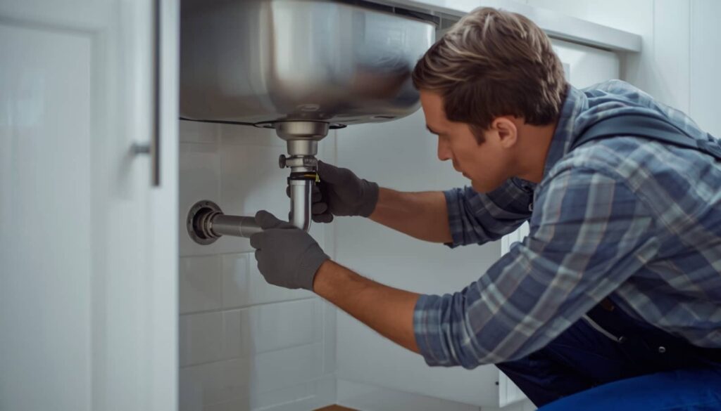 Man in gloves fixing plumbing under a kitchen sink.