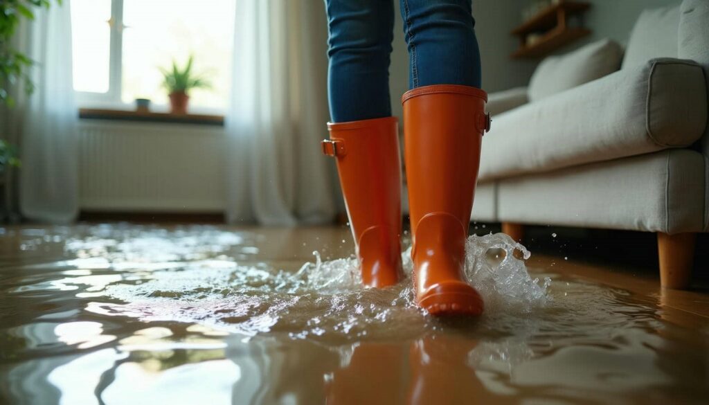 Person wearing orange rain boots splashing through water flooding a living room floor.