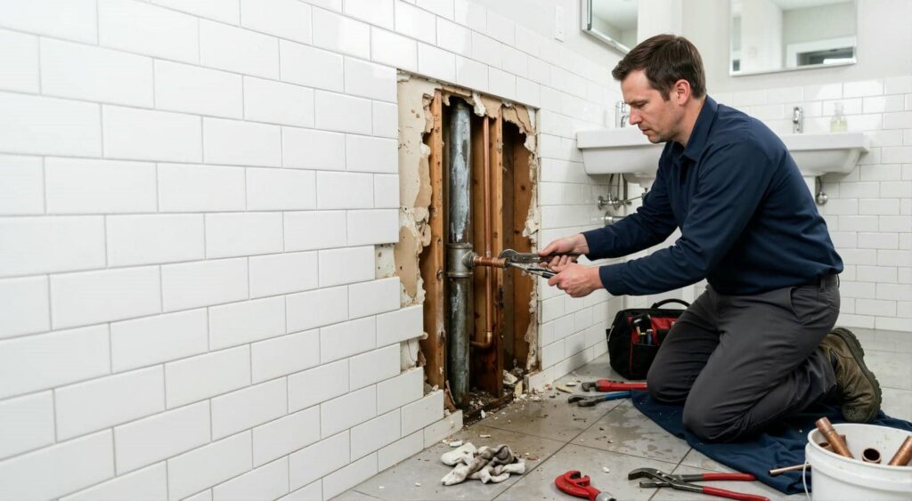 Man kneeling and repairing exposed plumbing inside a tiled bathroom wall.