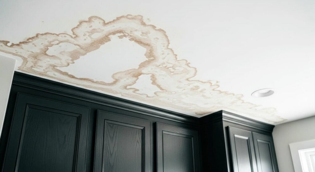 Water damage stains on a white ceiling above dark kitchen cabinets.