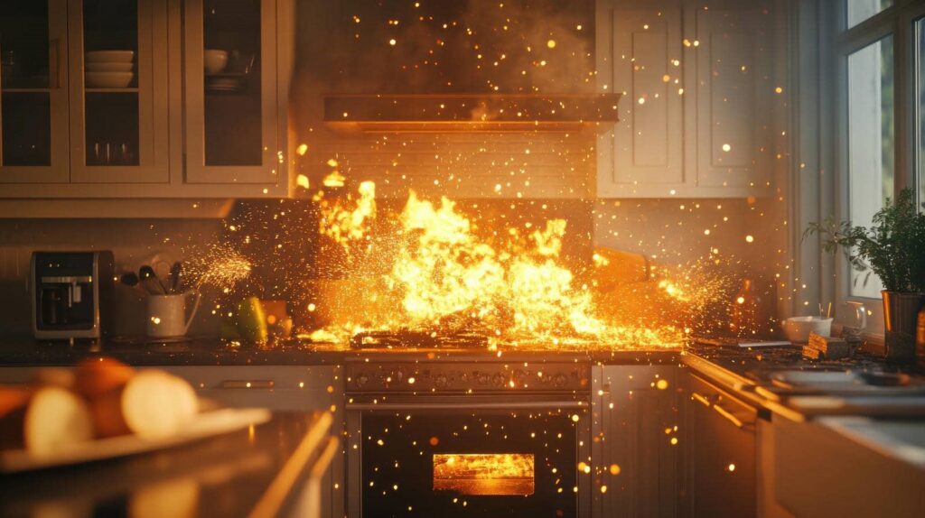 Kitchen stove engulfed in a large fire with sparks flying around.