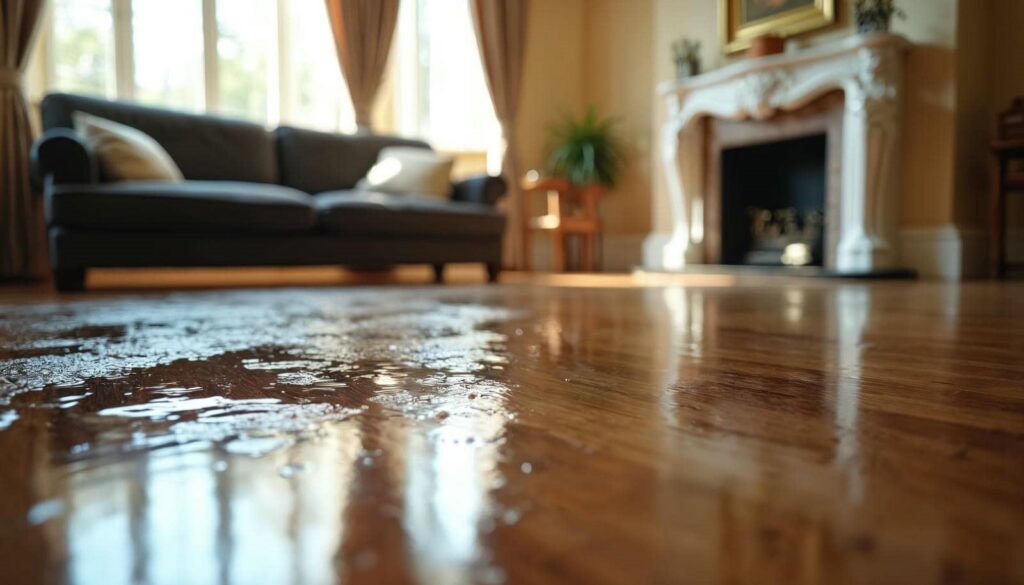 Water spilled on a wooden floor in a living room with a sofa and fireplace in the background.