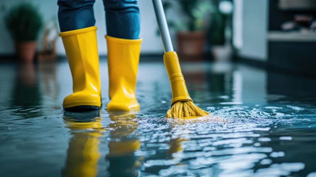 Person in yellow rain boots mopping a flooded floor indoors.