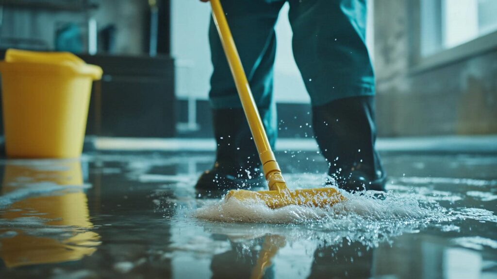 Person mopping a wet floor with a yellow mop and bucket nearby.