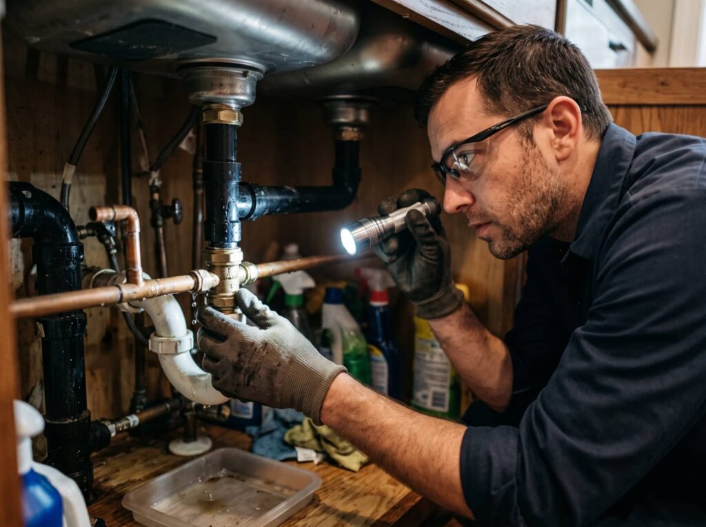 Man wearing gloves and glasses inspecting leaking pipes under a sink with a flashlight.