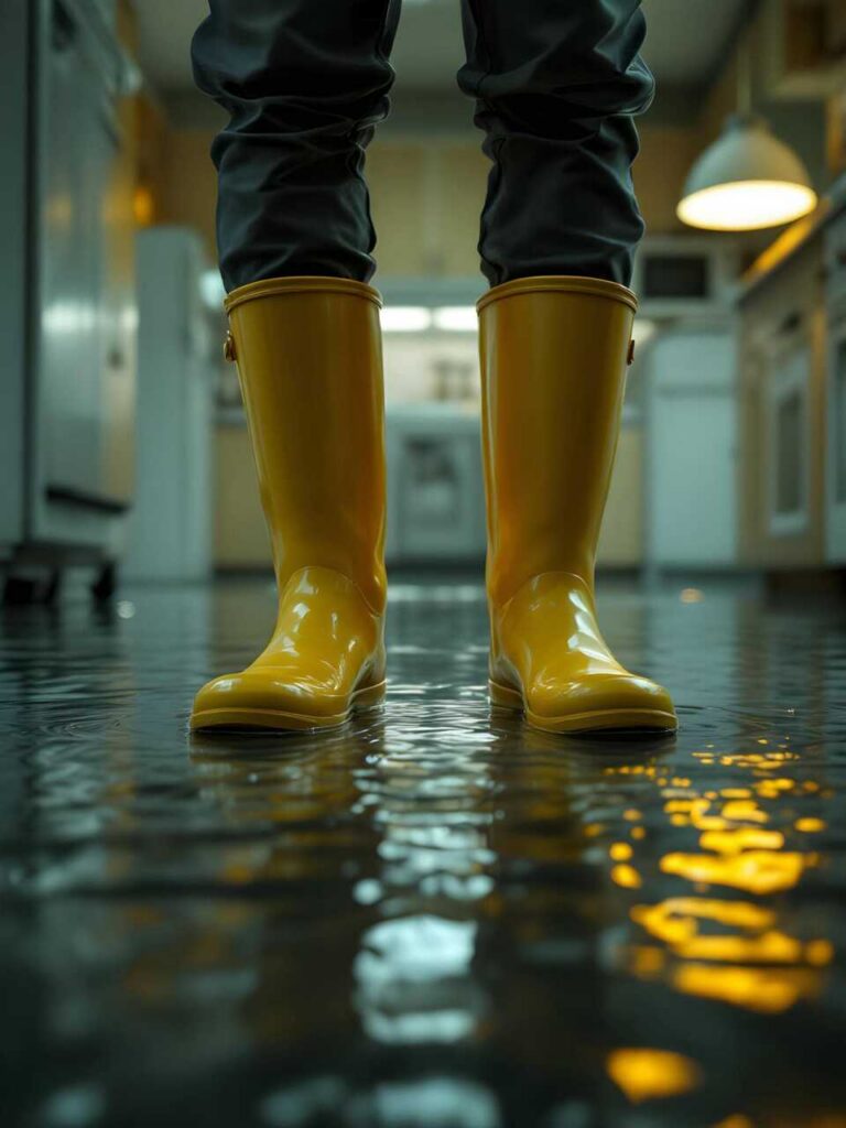 Person wearing yellow rain boots standing in a flooded kitchen.