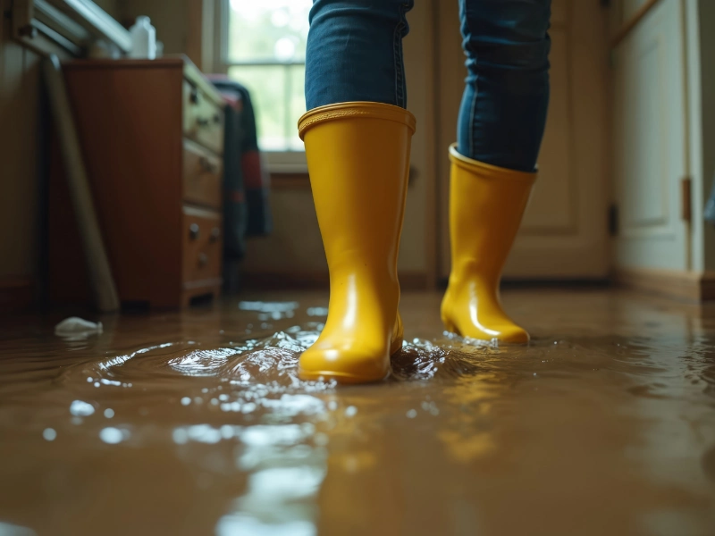 Person wearing yellow rain boots walking through a flooded indoor floor.