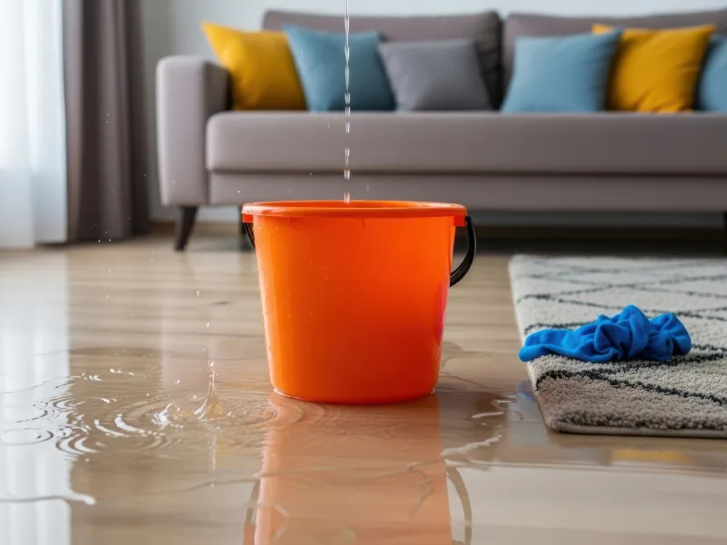 Orange bucket catching water dripping onto a wet floor near a couch with colorful pillows.
