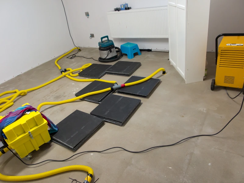Drying equipment with yellow hoses and black mats arranged on a concrete floor in a room.