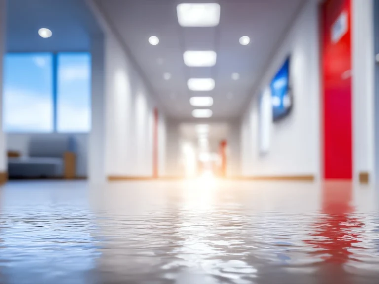 Office hallway flooded with water reflecting ceiling lights and doors.