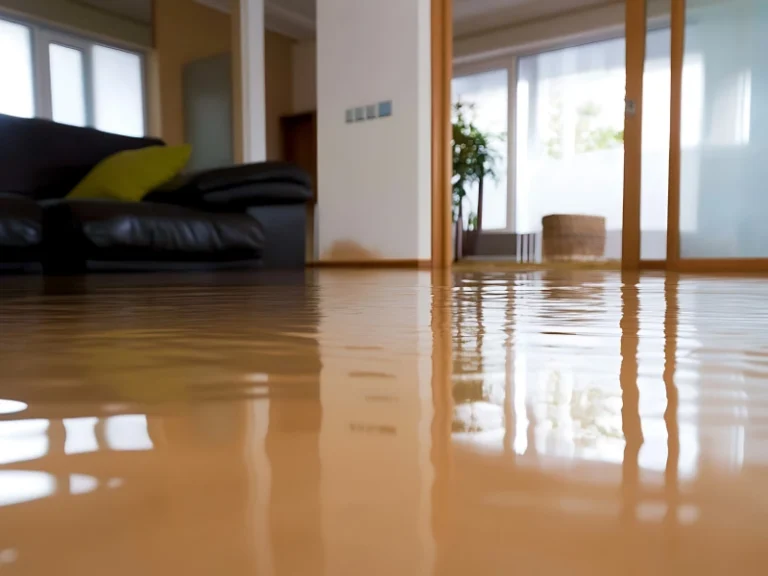 Water flooding the floor of a living room with a black couch and large windows.
