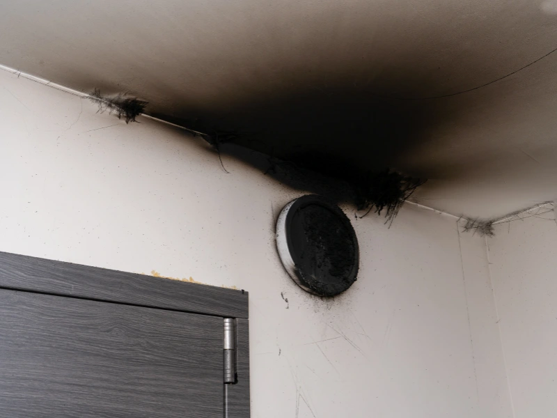 Black soot and burn marks around a ceiling vent near a door frame.