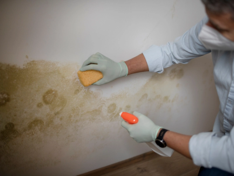Person wearing gloves and a mask cleaning mold off a wall with a sponge and spray bottle.