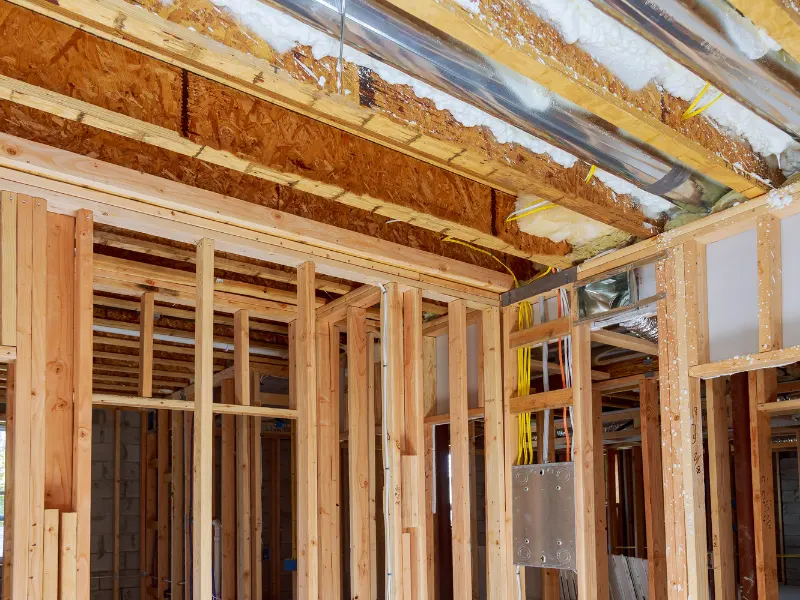Exposed wooden framing and ceiling ducts inside a building under construction.