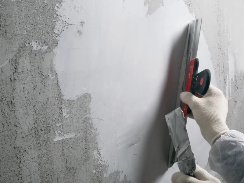 Hands in gloves smoothing plaster on a wall with a trowel and float.