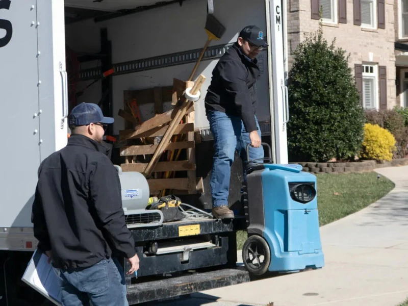 Two men unload a blue dehumidifier from a truck in a residential driveway.