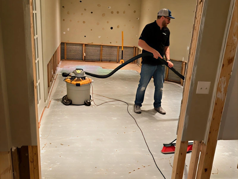 Man using a large vacuum to clean a stripped room with exposed lower walls and bare floor.